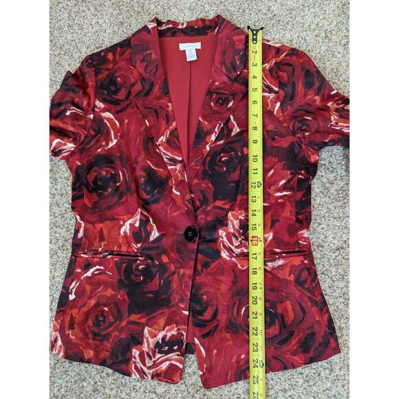 Chico's Size 0 Blazer Jacket Bold Floral Print Red Black Lined Cotton - Picture 7 of 11